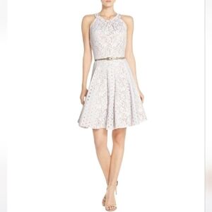 Eliza J Dress Cream White Lace Overlay Eyelet Womens Size 14 Belted Pockets